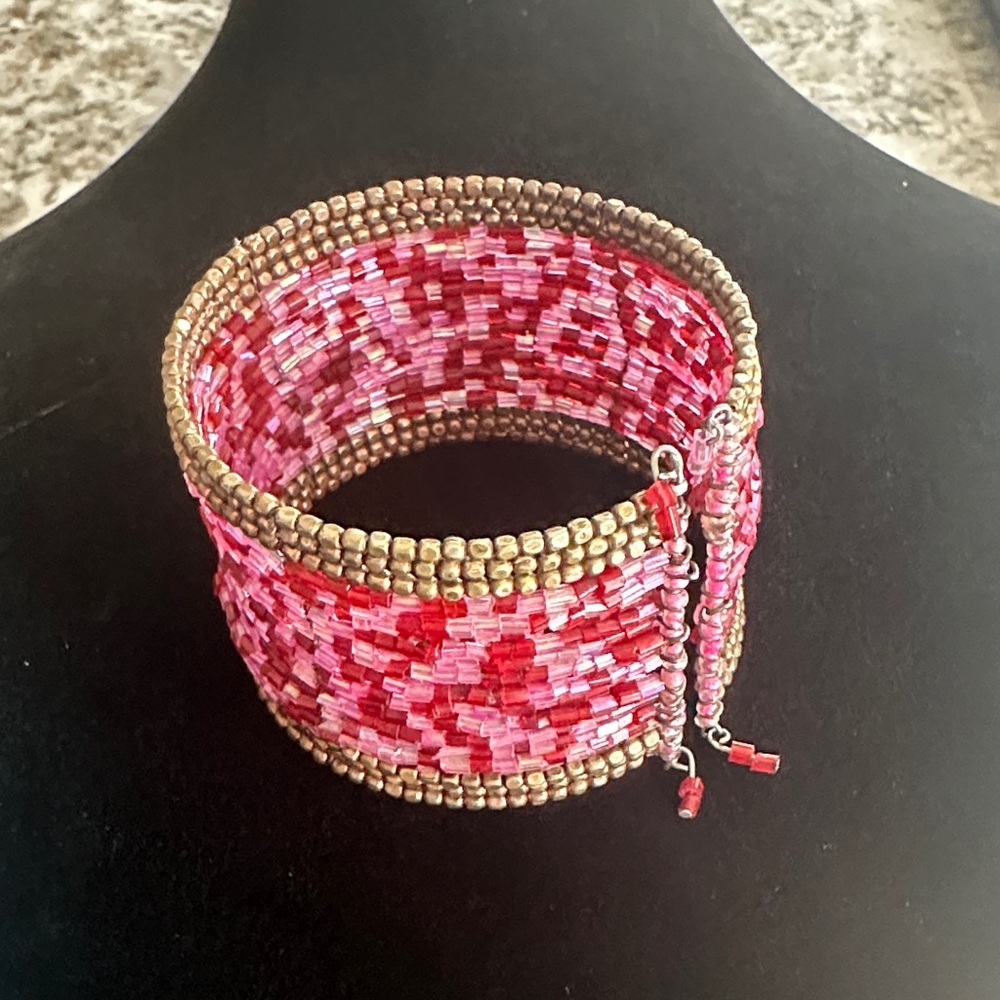 Adjustable Pink/Purple Beaded Cuff Bracelet